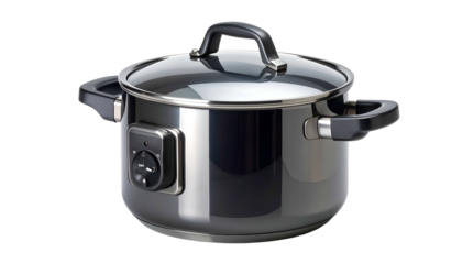 Shiny metal pot with a glass lid, handles, and temperature dial