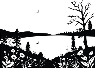 Silhouette of a serene lake landscape with trees and wildflowers, isolated on  transparent background.