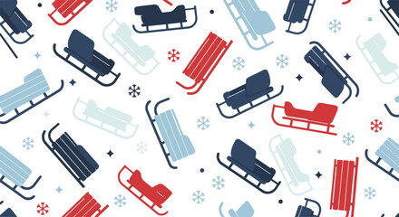 Delightful Flat Winter Pattern Featuring Colorful Sleds and Delicate Snowflakes Scattered Across a Crisp White Background for Seasonal Designs