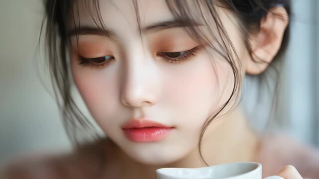 Close-up of a young woman's face, eyes closed, holding a cup. Soft light and blush