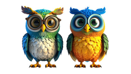 Happy owl character in 3D style isolated on transparent background
