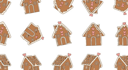 Cute Flat Gingerbread Houses Pattern with Pink Hearts and White Icing on a Clean Background – Festive Holiday Sweet Treats Illustration
