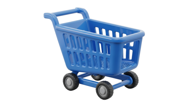 Blue plastic shopping cart icon isolated on white background, concept of transparent background  