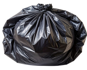 AI-generated top-view of a filled black plastic garbage bag slightly bulging at the 