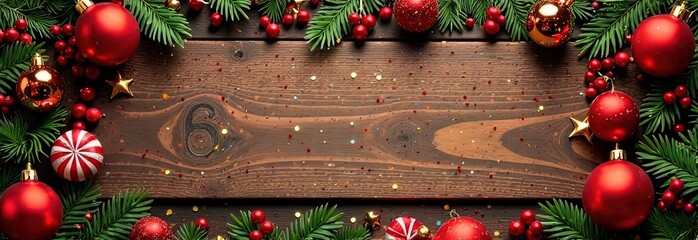 A festive Christmas arrangement with a rustic wooden backdrop, surrounded by red ornaments, green pine branches, gold stars, and vibrant berries, creating a joyful holiday composition