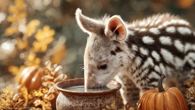 A small animal, reminiscent of a hyena, drinks from a rustic pot in a fall scene