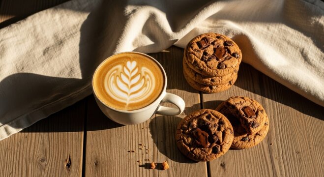 A cup of latte art and chocolate chip cookies on a wooden table with a white cloth.