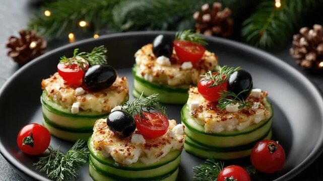 Holiday canapes with crisp cucumber rounds topped with creamy cheese, cherry tomatoes and black olives  fresh, elegant finger food perfect for Christmas, New Year or festive parties