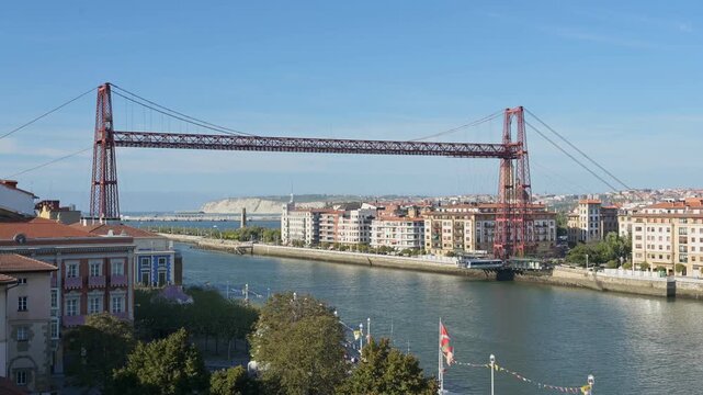 Time Lapse of Bizkaia Bridge Over the Nervion River at Sunset Portugalete Spain