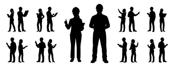 Silhouettes of male and female engineers in helmets standing with blueprints, tablets, and clipboards. Professional teamwork and industrial collaboration. Vector illustration isolated on white