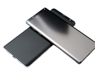 Two Modern Black Smartphones Mockup Stacked Diagonally. Isolated High-Tech Mobile Device Studio Shot on Gray.