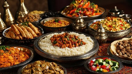 Delicious traditional food dishes served on an ornate table