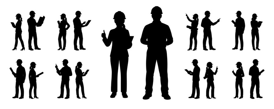 Silhouettes of male and female engineers in helmets standing with blueprints, tablets, and clipboards. Professional teamwork and industrial collaboration. Vector illustration isolated on white
