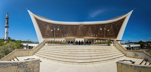 Panoramic view of  the Grand Mosque of West Sumatra, Mosque with Minangkabau Architecture in Padang, Sumatra Indonesia