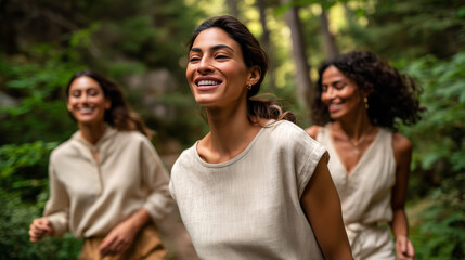 Obraz premium Happy women in natural linen clothing laughing in green forest. Eco-friendly lifestyle, sustainable fashion and outdoor recreation. Diverse friends enjoying connection with nature, fresh air wellness.