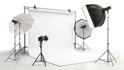 "Realistic 3D render of professional photography set with multiple lighting sources, seamless white backdrop, and reflector umbrella. Modern studio setup for product, fashion, and portrait photography