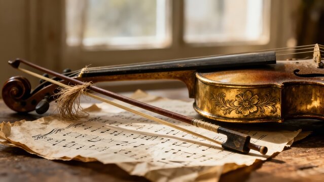 A symbolic still life of musical reflection: a violin bow, sheet music, and brass music box in soft diffused window light