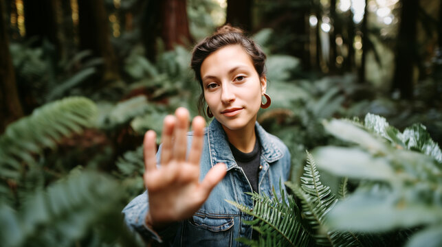 Woman showing stop hand gesture in forest with fern plants. Environmental protection, deforestation awareness, nature conservation concept. Ecology activist, save trees, green planet campaign.