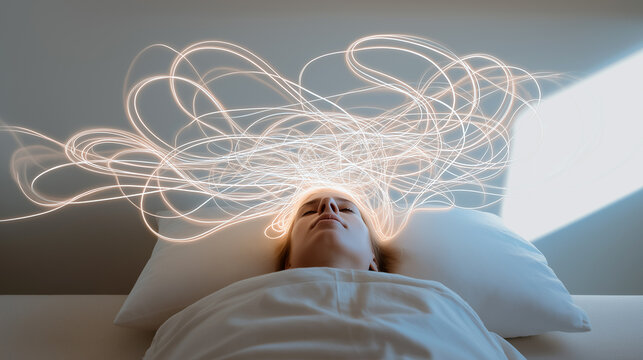 Woman lying in bed with chaotic light trails above head representing racing thoughts. Insomnia, anxiety, mental health, sleep disorder concept. Restless mind, overthinking visualization.