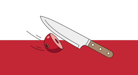 Knife Cutting Fruit Illustration, Food Preparation, Crimson Background And White Space