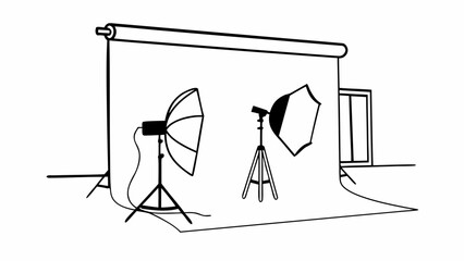 "Realistic 3D render of professional photography set with multiple lighting sources, seamless white backdrop, and reflector umbrella. Modern studio setup for product, fashion, and portrait photography