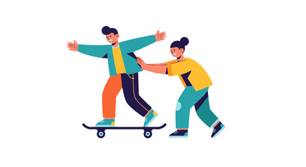 Learning To Skateboarding With Supportive Friend On Black Background Illustration