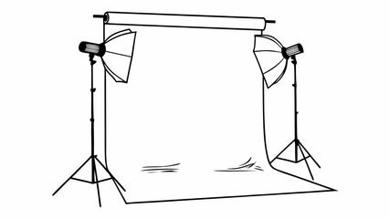 "Realistic 3D render of professional photography set with multiple lighting sources, seamless white backdrop, and reflector umbrella. Modern studio setup for product, fashion, and portrait photography