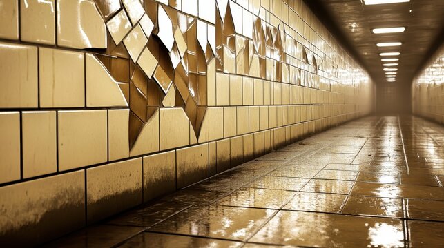 Golden ceramic tiles forming a geometric abstract pattern in a tunnel