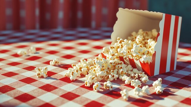 Close up of popcorn spilling out of a red and white striped box on a checkered tablecloth