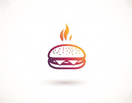 Stylized burger icon with flames rising above, rendered in a gradient of purple, orange, and yellow on a white background. - Powered by Adobe
