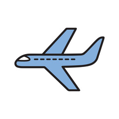 Simple Icon of a light blue airplane with black outlines flying against a white background
