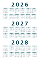 Calendar set 2026; 2027; 2028; starting from Sunday. Vector