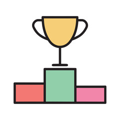 Golden trophy on a colorful three tiered podium representing victory achievement and first place success Icon