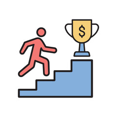 Stylized Icon illustration of a person climbing stairs towards a golden trophy with a dollar sign symbolizing financial success