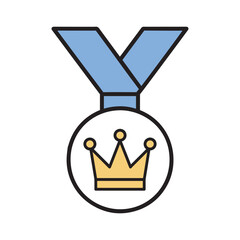 Simple cartoon illustration of a blue ribbon medal with a golden crown inside a white circle Icon