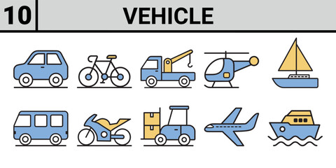 Collection of colorful flat design icons representing various modes of transportation and vehicles on a white background
