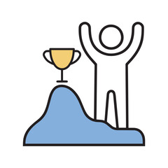 Stylized illustration of a triumphant person standing on a mountain peak with a golden trophy symbolizing achievement and success Icon