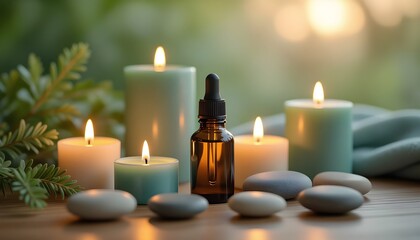 Aromatherapy essential oil with candles and spa stones for relaxation.