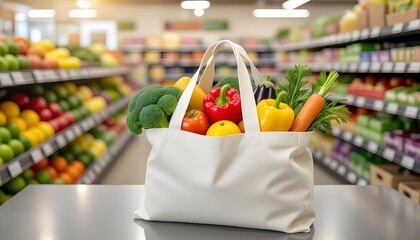 Eco-friendly grocery shopping bag filled with fresh organic vegetables and fruits in supermarket.