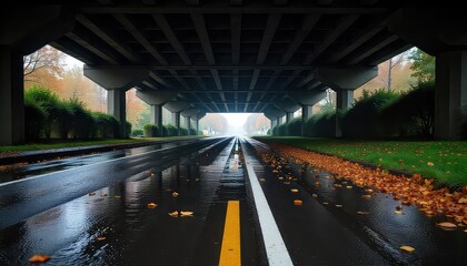 A wet road under a bridge with autumn leaves and green foliage on a foggy and overcast day view