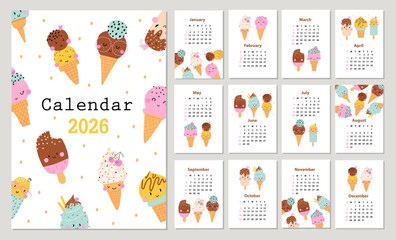 Calendar 2026 with ice cream. Hand drawn vector
