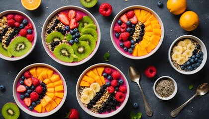 Healthy colorful smoothie bowls with organic fruits and chia seeds for breakfast.