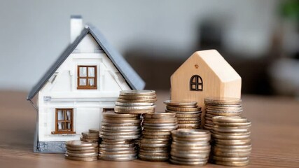 A miniature house model sits beside stacks of coins, symbolizing the concept of real estate investment and financial growth. Ideal for articles on property investment and finance.