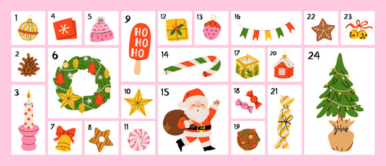 Christmas advent calendar with cute festive icons, Santa, tree, wreath, gifts, ornaments, sweets, cookies, candles, and decorations. Flat cartoon vector illustration for winter holiday design.