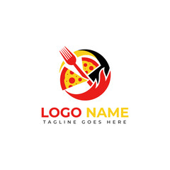 Dynamic pizza logo design with fork and fire elements perfect for a modern restaurant or food business brand