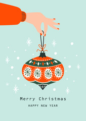 Merry christmas and Happy New Year card with red christmas ball. Vector