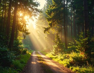 Obraz premium A sun-drenched forest path is framed by towering evergreen trees, bathed in golden light that streams through the canopy
