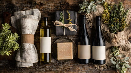 Rustic Thanksgiving gift composition with olive oil, towel, and wine