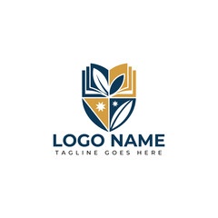 Professional academic crest logo design featuring open books, stars, and leaves symbolizing knowledge and growth, perfect for education and institutions.