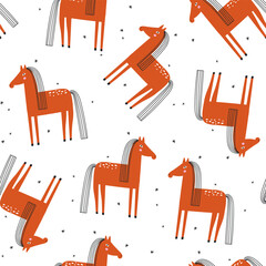 Seamless pattern with red horses. Vector